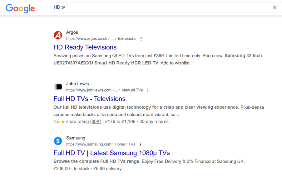 Star ratings in organic SERPs example